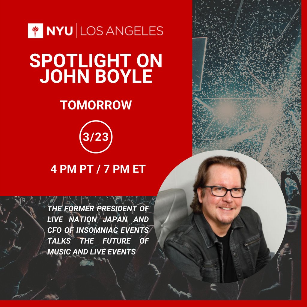 Don’t forget!

Join us for a spotlight on John Boyle as the former @LiveNationJapan President and CFO of @insomniacevents talks about the future of music and live events.

TOMORROW 3/23 @ 4 PM PT

RSVP via link in bio.

#DiscoverySessions #MusicBusiness #EntertainmentIndustries