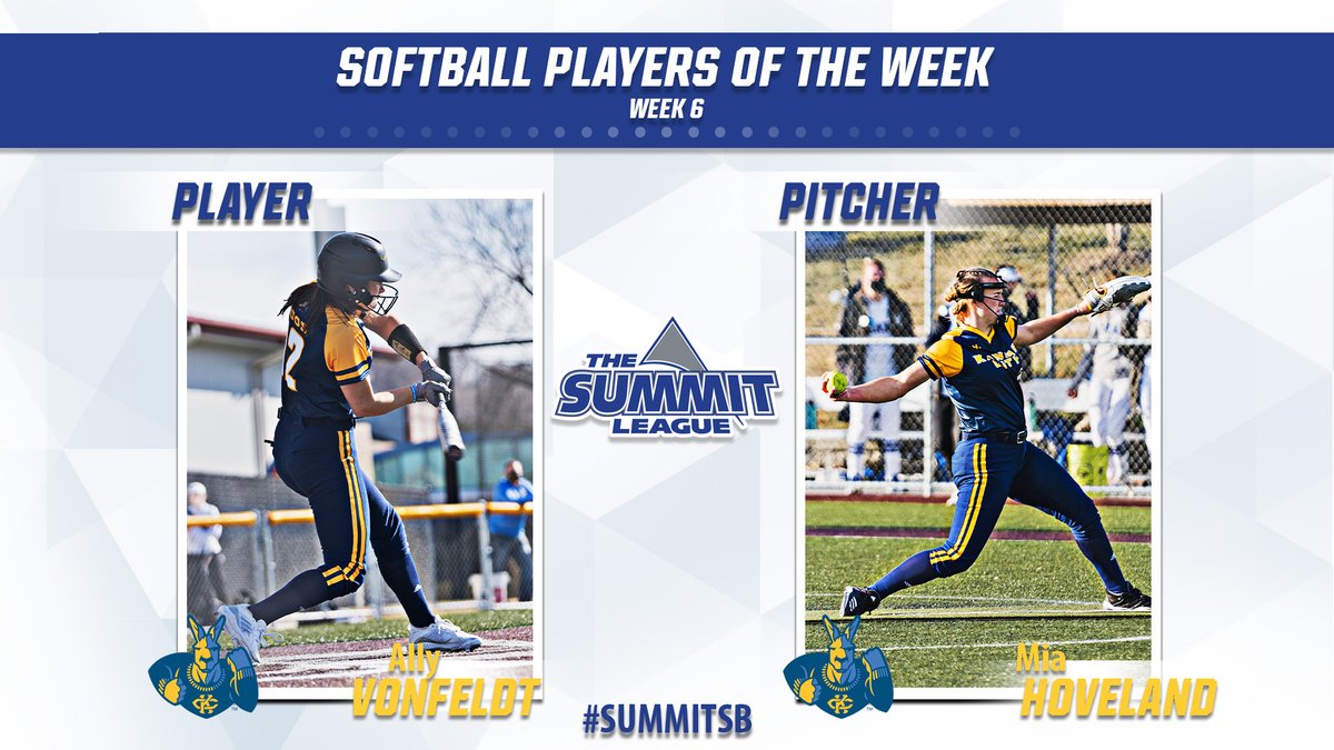 TheSummitLeague's tweet photo. Break out the 🧹, it's a 𝐒𝐖𝐄𝐄𝐏 for the #SummitSB 🥎 Players of the Week 🤩

Congrats, @kcroossb!

Player: Ally Vonfeldt
Pitcher: @MiaHoveland
 
🗞️ - https://t.co/nDPoc9BTzL

#ReachTheSummit https://t.co/oREH066IaD