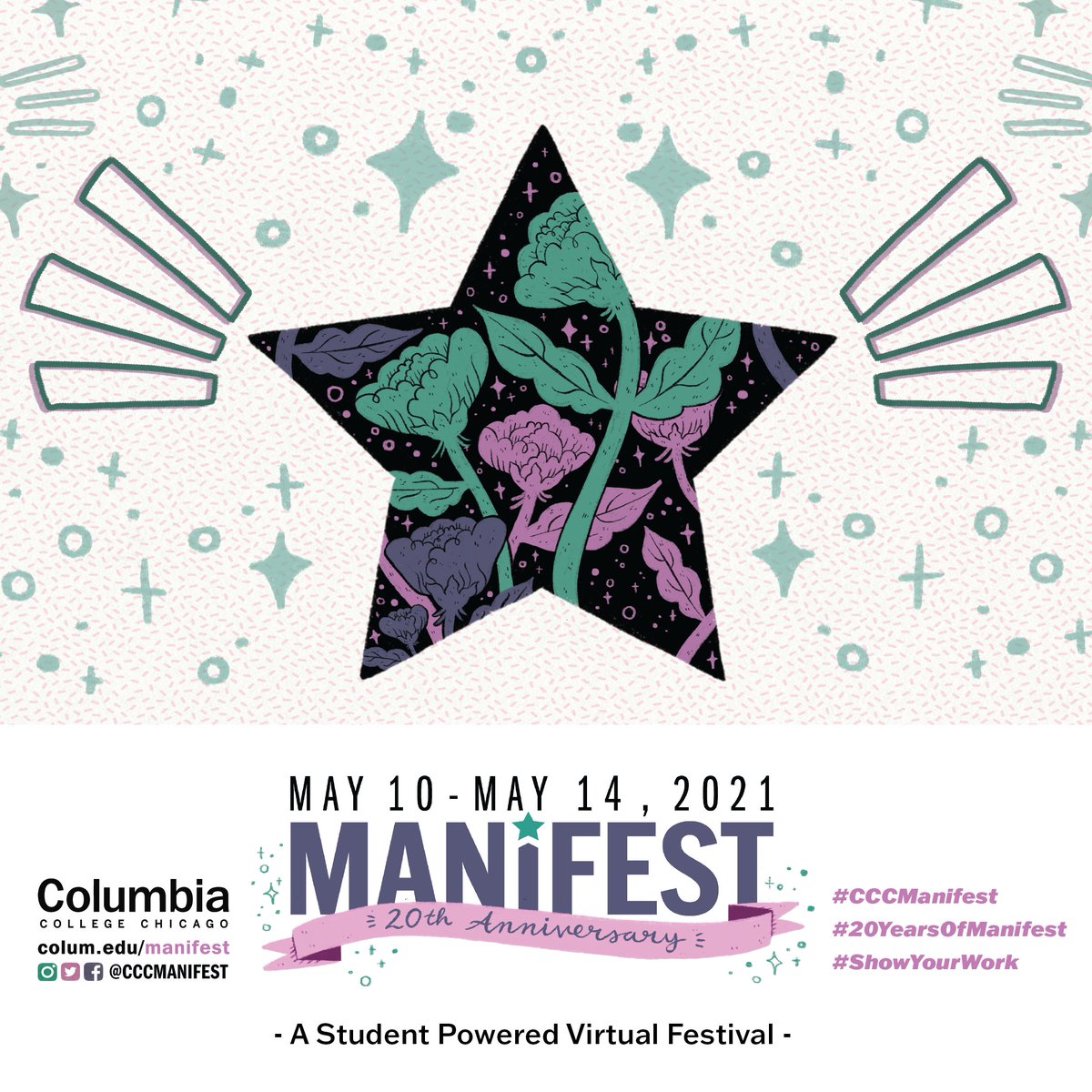 CCCManifest's tweet photo. See how our Creative Director Sol Salinas created this year's Manifest designs with both the Columbia and Chicago community in mind! #ShowYourWork #CCCManifest #20YearsOfManifest https://t.co/lbqmMPvYRU