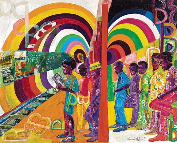 AntiqueDigest's tweet photo. "Subway" by Wadsworth Jarrell (b. 1929), 1970, sold for $125,000 (est. $100,000/150,000) at @SwannGalleries (12/10/20). The 31½" x 39" signed acrylic depicts an urban scene in Chicago https://t.co/xahVzLyKPb #art #artist #Jarrell #subway #Chicago #AfriCobra #painting https://t.co/9r7Xil8e6y
