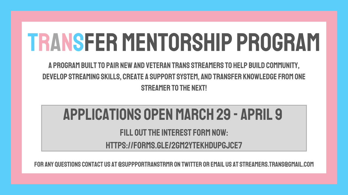 supportranstrmr's tweet photo. Are you a new trans streamer looking for some guidance? Are you a veteran trans streamer looking to pass on what you know? We're happy to announce we'll soon be launching our mentorship program next week.

Fill out our interest form here: https://t.co/k9l7fWdLOq https://t.co/eQknkJZBnb
