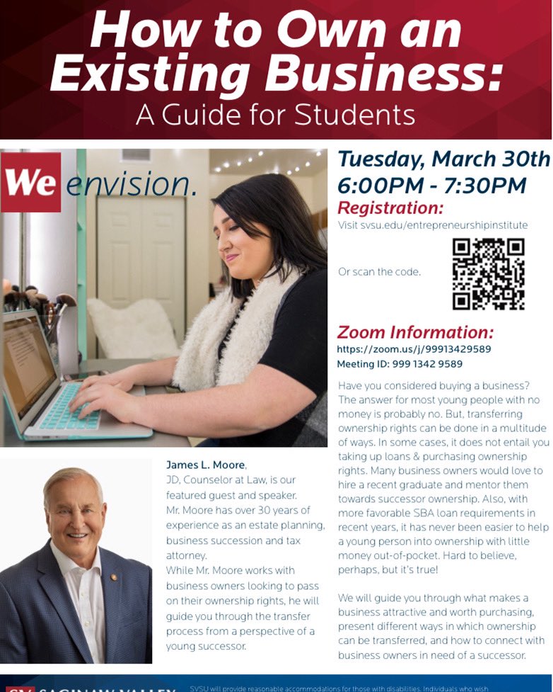 Have you considered buying a business? What about owning a business that already exists? @svsustartups will be hosting a virtual event that discusses this topic on March 20th at 6:00pm! See you there!