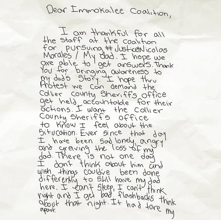 GatianFor2028's tweet photo. A letter to @ciw by Nicolas Morales Jr. His father was murdered by the Collier County Sheriffs Department. #JusticeForNicolas https://t.co/MUeKXuAaAM