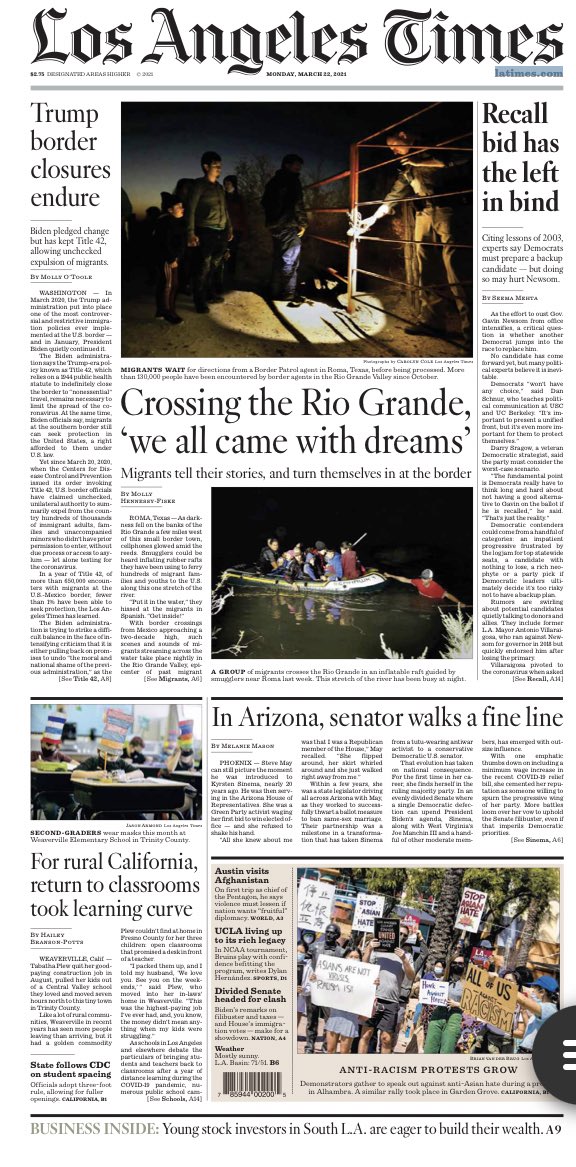 Today’s <a href="/latimes/">Los Angeles Times</a> front page was written entirely by women: <a href="/mollymotoole/">Molly O'Toole</a> on border closures, <a href="/mollyhf/">Molly Hennessy-Fiske</a> on migrants crossing the Rio Grande, <a href="/LATSeema/">Seema</a> on Newsom recall, me on rural California school reopenings, <a href="/melmason/">Melanie Mason</a> on an Arizona senator’s political evolution.