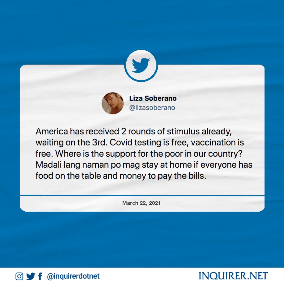 inquirerdotnet's tweet photo. ‘WHERE IS THE SUPPORT FOR THE POOR IN OUR COUNTRY?

Actress Liza Soberano (@lizasoberano) on Twitter compared the Philippines’ pandemic response efforts to US and asked where the government support is for poor families.

Read: https://t.co/pmB24541NC https://t.co/KVqPToSIxW