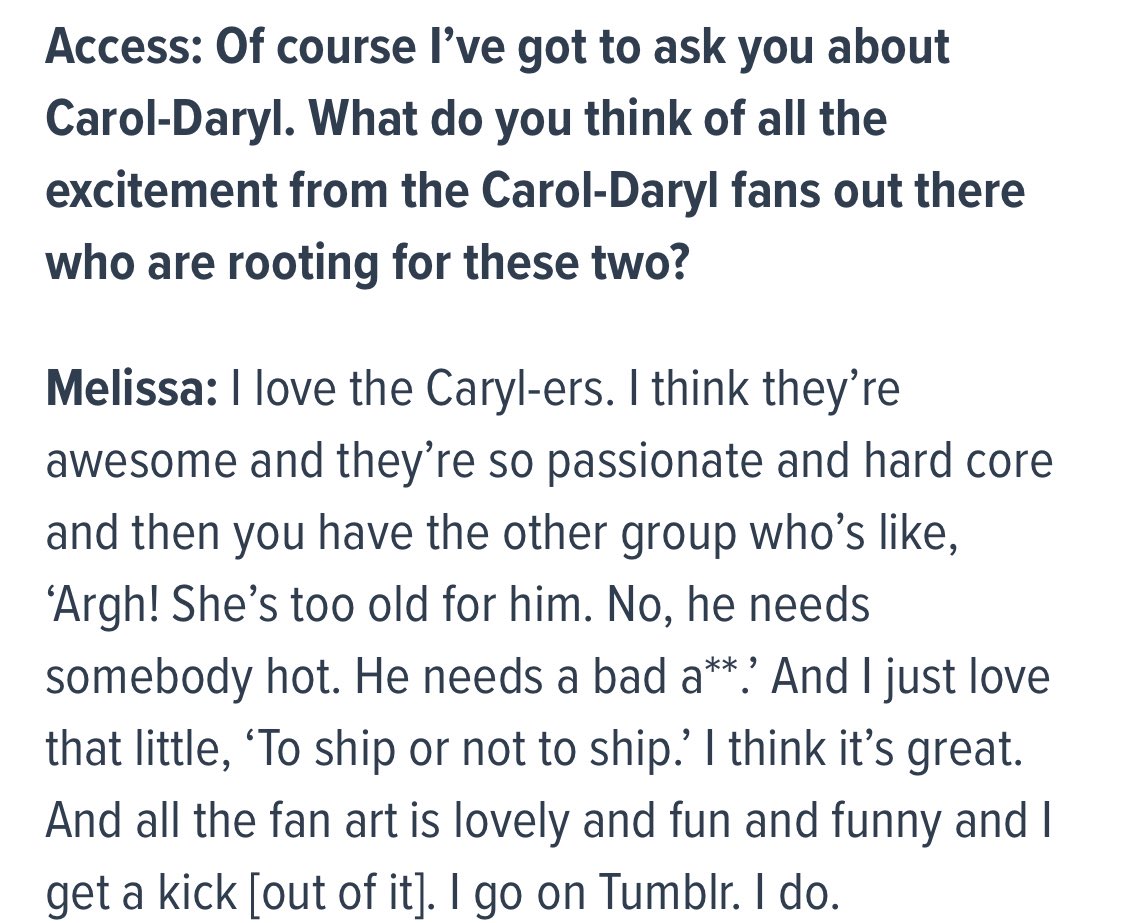 peletierxdixon's tweet image. Melissa McBride about Daryl and Carol relationship “and then you have the other group who’s like, ‘Argh! She’s too old for him. No, he needs somebody hot”.