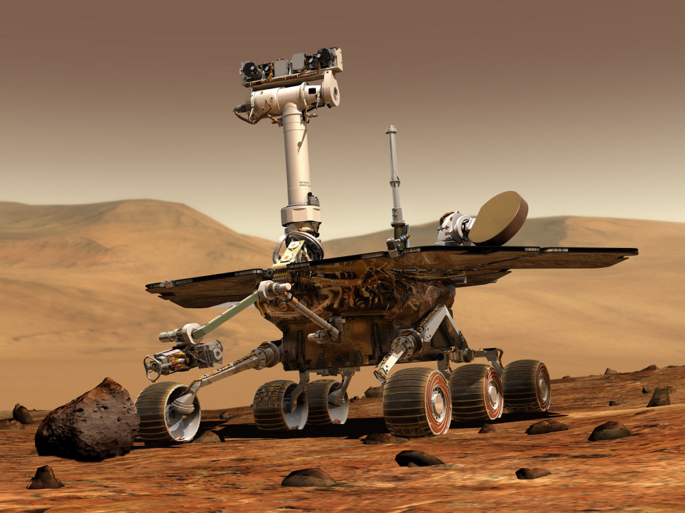 An artist's concept portrays a NASA Mars Exploration Rover on the surface of Mars