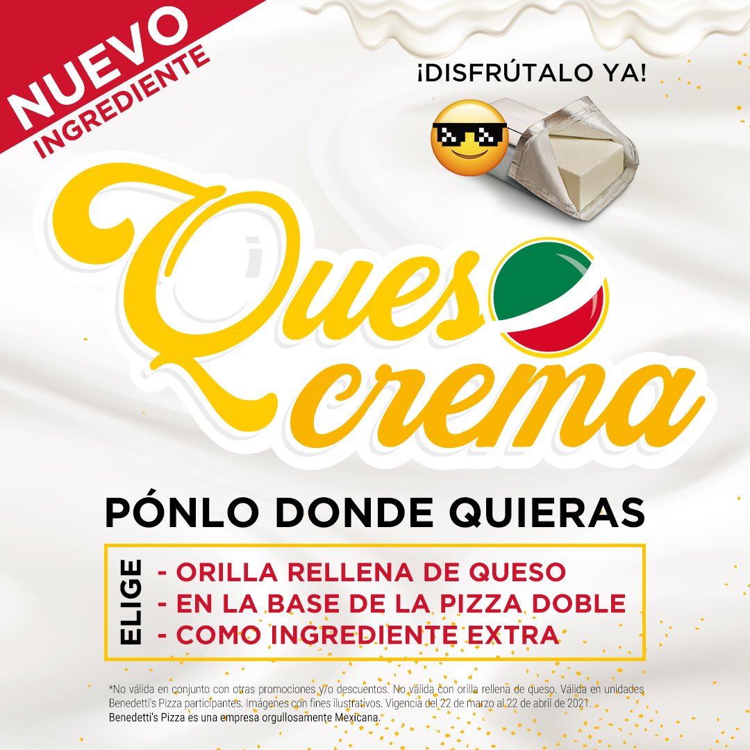 benedettismx's tweet photo. Te presentamos el ¡NUEVO! integrante de la familia, el delicioso QUESO CREMA, agrégalo a tu pizza 🍕 ahora mismo, ordena desde nuestra APP📱o tienda en línea 💻 #benedettispizza #pizzaconquesocrema #pizzasegura https://t.co/Xud56LXxeT