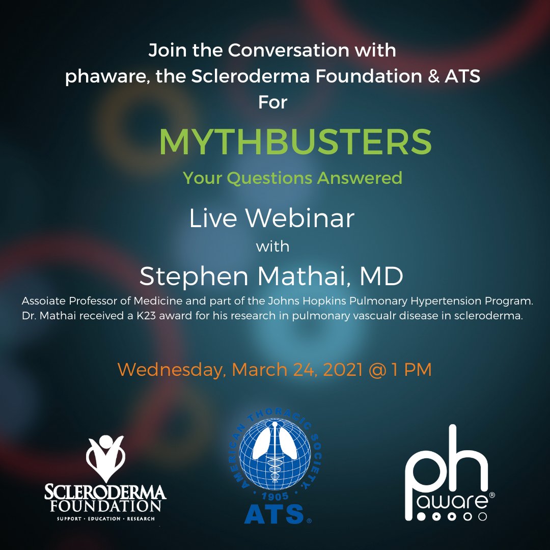 phaware's tweet image. #phaware and #sclerodermafoundation invite you to an important webinar MYTHBUSTERS: YOUR QUESTIONS ANSWERED. Send your questions to Marie@phaware.global and register at: register.gotowebinar.com/register/16534…