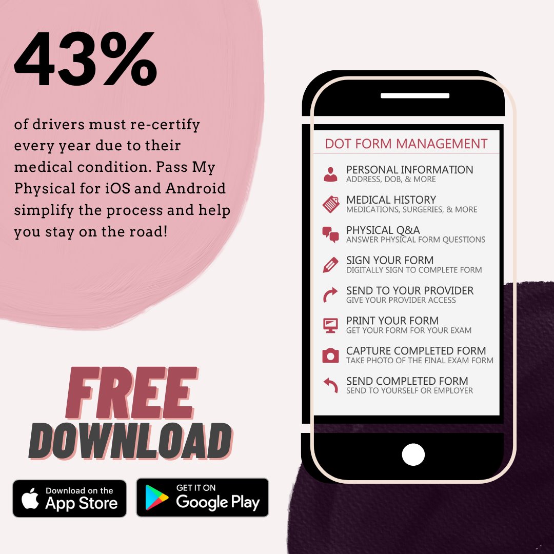 PassMyPhysical's tweet photo. 43% of drivers must re-ceritfy every year due to their medical condition. Download the FREE driver app and help you stay on the road!

https://t.co/iS4Oau5C4O https://t.co/efbPL0VCDM