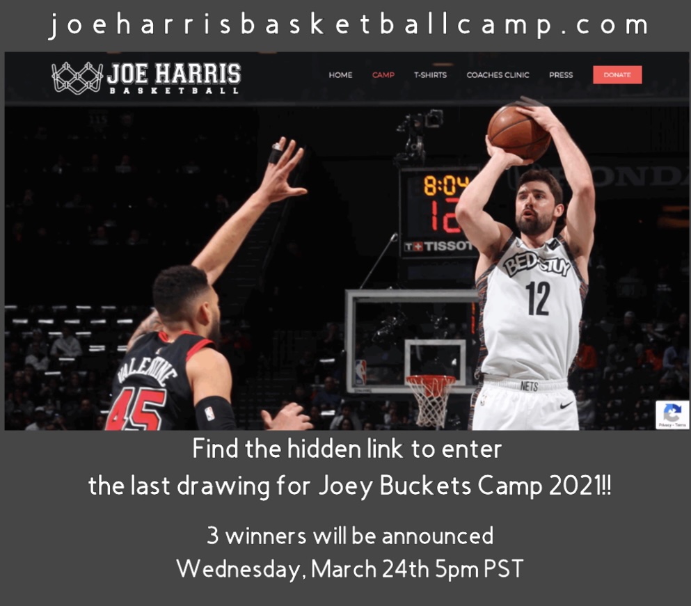 Last chance to win a spot attending Joey Buckets Basketball Camp 2021!!! Find the hidden link within the picture below(on the website) to enter this drawing. There will be 3 winners announced on Wednesday March 24th at 5pm PST. You have until NOON PST on the 24th to enter!