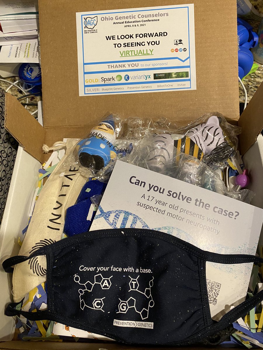 lizvarga's tweet photo. @OhioGenetics who got their swag box?! These goodies are making me so happy! I canโt wait to see everyone at this event! #GCchat thanks to all the sponsors! #spark #variantyx #natera #blueprint #prevention #billiontoone #invitae https://t.co/LQqATogUsm