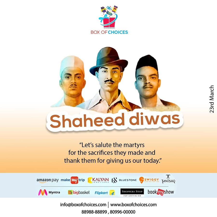 BoxofChoices's tweet photo. Let's sale the martyrs for the sacrifice they made and thank them for giving us our today🙏🙏

Call us for more details on 88988-88899 or write mail us at info@boxofchoices.com

#ShaheedBhagatSingh #shaheeddiwas #ShaheedDayIndia #boxofchoices #freedomofchoice #egiftcards https://t.co/tpACin5NuC