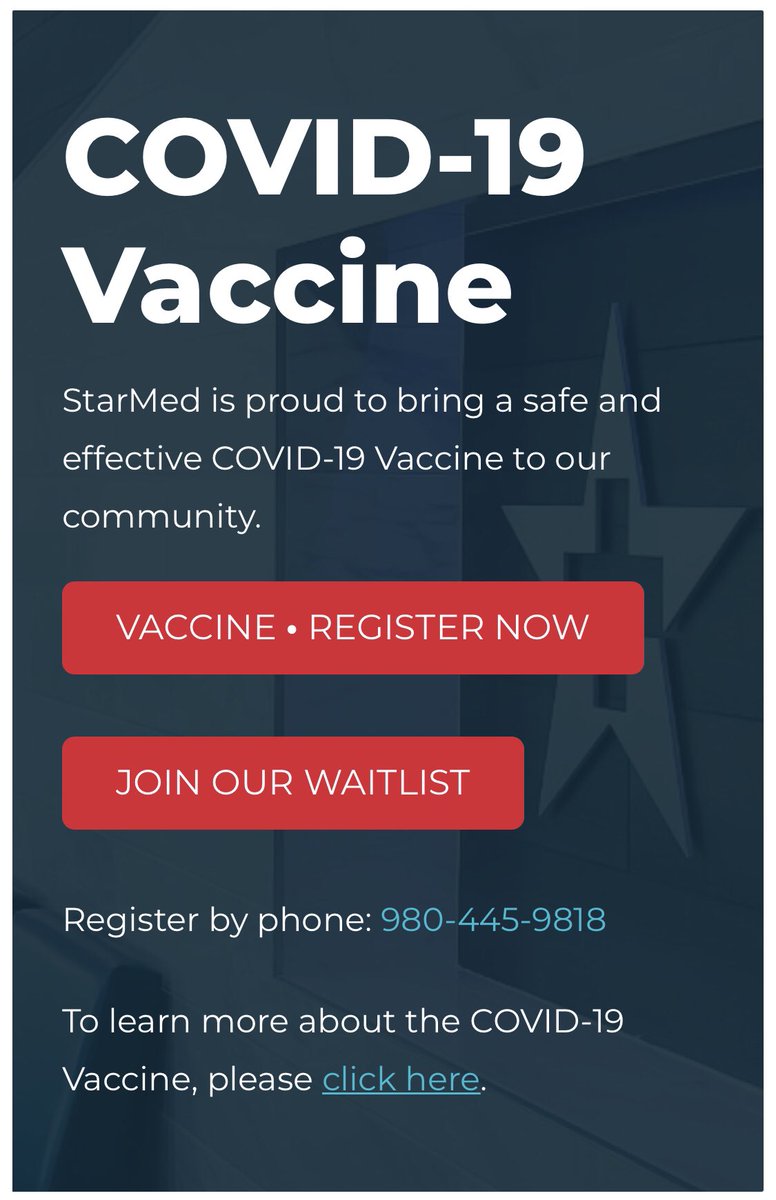 StarMedCare's tweet photo. Hey Wake County, you’re up! About 1,200 COVID-19 vaccine appointment slots available now! Register here: https://t.co/LiNg5VOTxC These will fill faster than UNC’s team bus leaving the NCAA Tournament, so go now! https://t.co/FChsaIZbqG