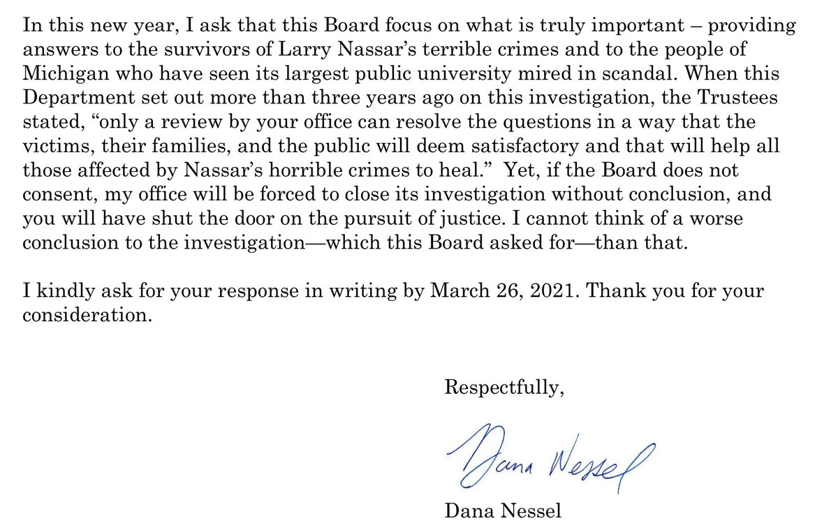 To <a href="/michiganstateu/">MSU</a> Board of Trustees: AG <a href="/dananessel/">Dana Nessel</a> requested your response to her letter michigan.gov/documents/ag/M… by Fri. March 26.

Release the documents. 
Keep the door open for justice. 
Keep our hope for healing alive.

Respectfully yours,
476 people msuhonor.weebly.com/privilege.html