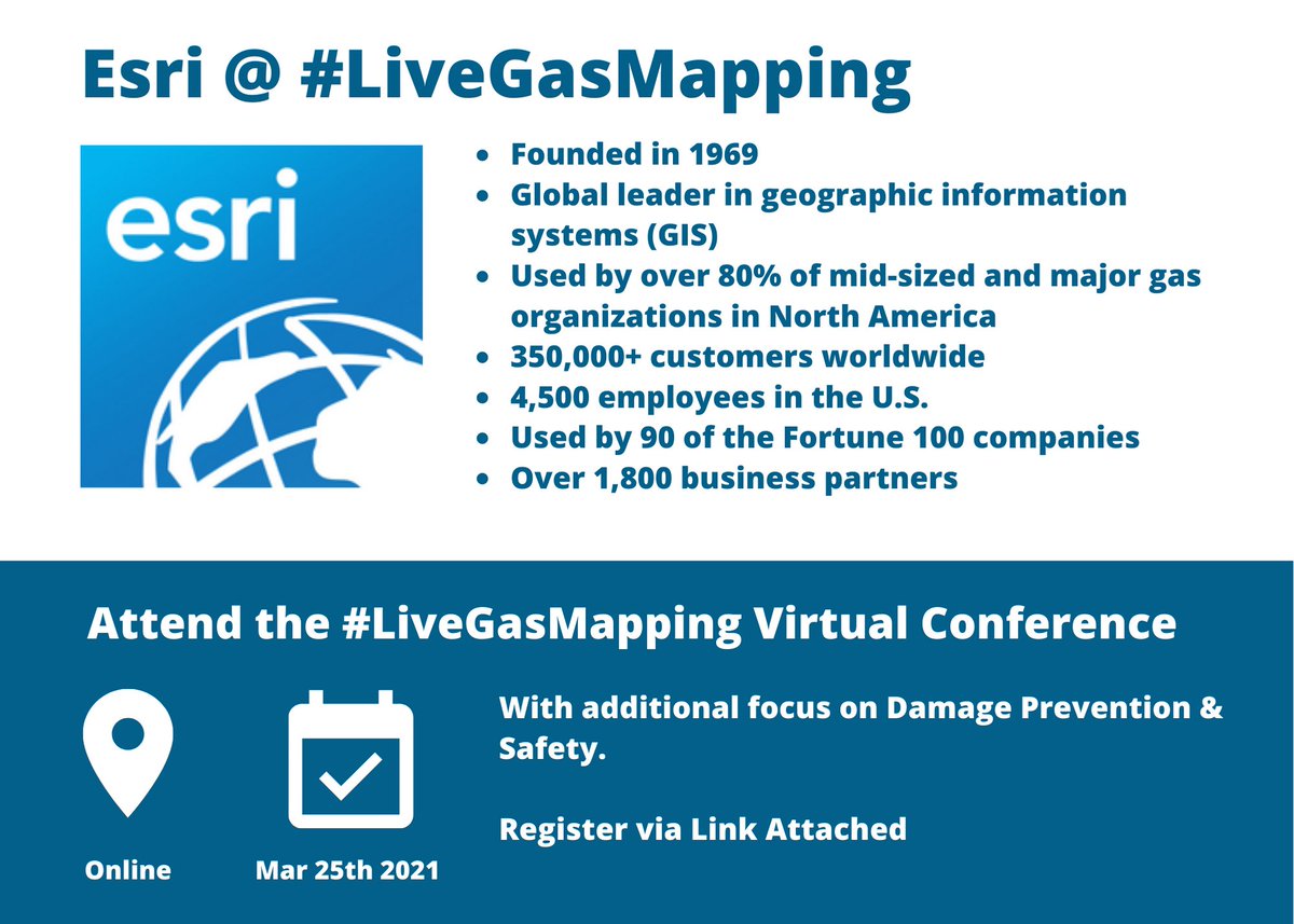 PRISUM_tech's tweet photo. We welcome @Esri to the #LiveGasMapping virtual conference. It's happening this week! Register now >>> https://t.co/tya0horQ8s
#mapping #infrastructure #utilities #webinar #gas #innovation #technology #energy #event #conference https://t.co/v31mCIVhtl