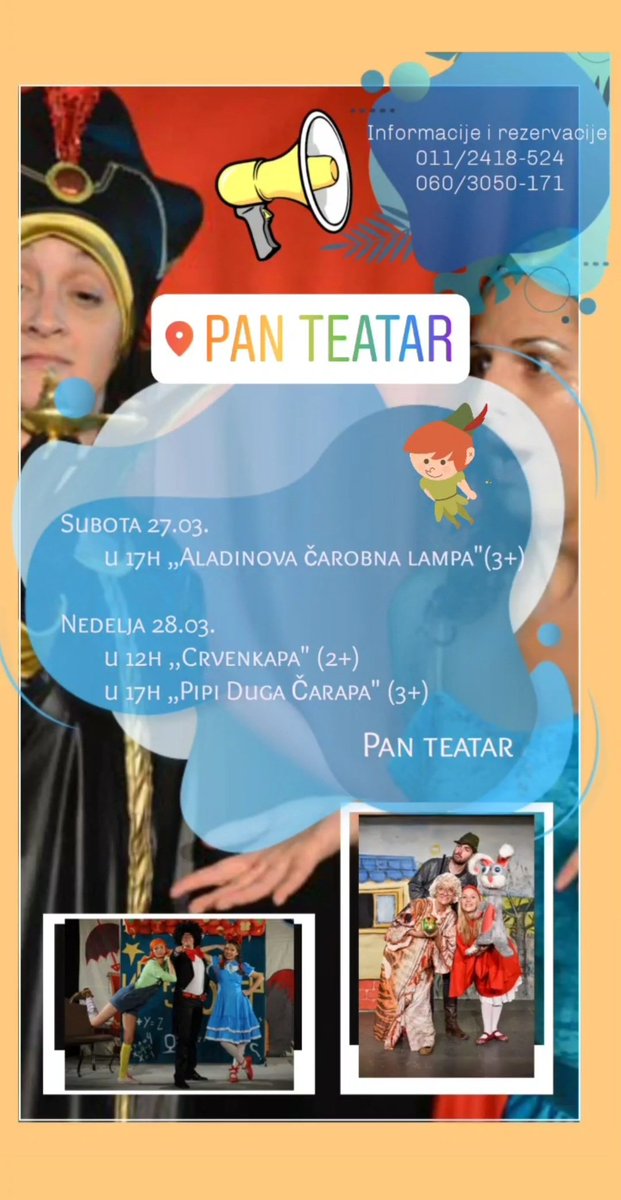 PTeatar's tweet photo. Repertoar za vikend!

Informacije i rezervacije na broj:
011/2418-524
060/3050-171

Pan teatar🎭
#pozoristepanteatar #pozoriste #pozoristezadecu #kultura #decijepozoriste #decijepredstave #zadecu #vikend #kudaupozoriste #beogradzadecu #beograd #kudazavikend #repertoar #mart https://t.co/h1kplOauUU