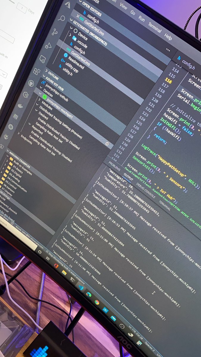 jonnychipz's tweet photo. IoT hub and #mxchip all set up and sending messages! Now itโs time to tinker with @azure @MicrosoftIoT https://t.co/GSVvLlbHc5