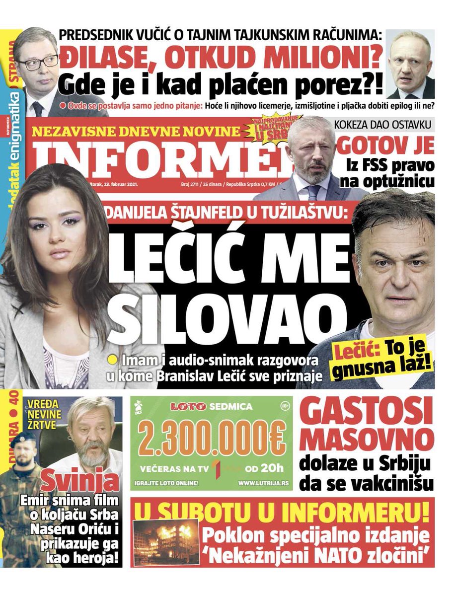 InformerNovine's tweet photo. Naslovna strana Informera za 23.03.2021.godine i dodatak “Enigmatika”. #informer #informervesti #srbija https://t.co/CVTI34EvRi