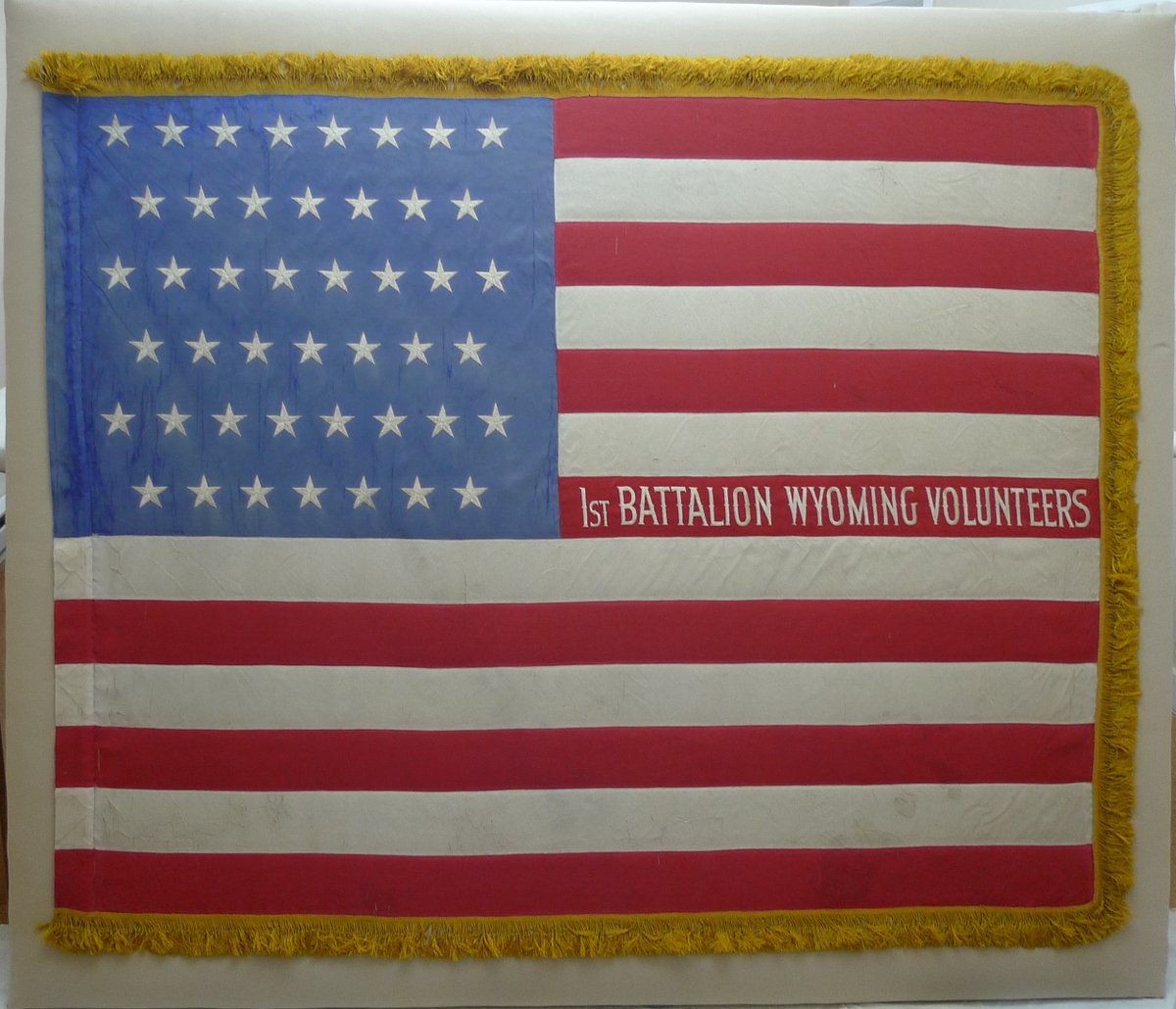 Welcome home to our Spanish-American War flag. The 1898 flag belonged to the 1st Wyoming Volunteer Infantry Battalion, &amp; has recently undergone extensive conservation made possible by a grant from #wyomingculturaltrustfund 
#spanishamericanwar #nationalguard #wyomingnationalguard