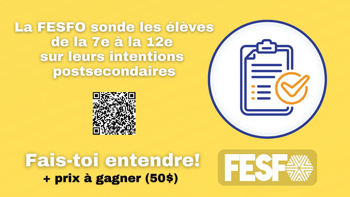 laFESFO's tweet photo. 👉👉 La FESFO lance son méga-sondage sur les intentions d'études postsecondaires des élèves francophones de la province. Si tu connais un.e élève de la 7e à la 12e, encourage-le ou la à
participer! C'est au tour des jeunes de s'exprimer!
https://t.co/mYcHww8CmC https://t.co/KVBbmGHRFR
