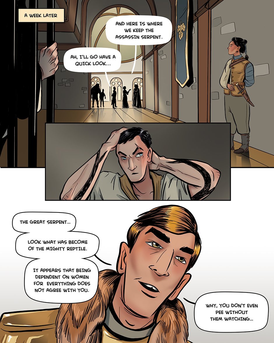 It's Monday, you know what that means - new episode of Serpent is up!

Read the whole story so far on Tapas:
https://t.co/paiRs5hrOA

Starting next week - shorter updates twice a week!  #webcomic #SerpentTheComics #lgbtq #fantasy #action 