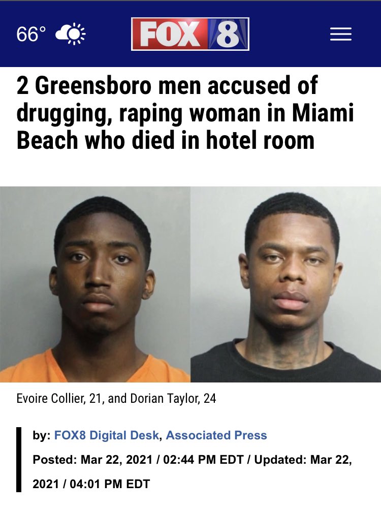 Another update from  @MayorDanGelber's "paradise lost"A woman was drugged, gang raped and left for dead last night in a Miami Beach hotel room. But please media tell us more about how the state of emergency issued Saturday is Covid related.  https://myfox8.com/news/2-greensboro-men-accused-of-drugging-raping-woman-in-miami-beach-who-died-in-hotel-room/