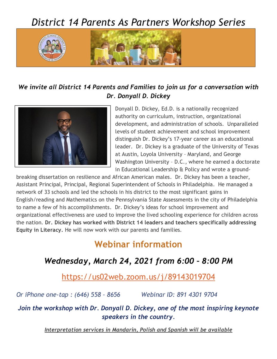 A very special D14 Parents as Partners workshop is happening this Wednesday at 6pm! <a href="/FollowCSA/">CSA</a> <a href="/UCS_UFT/">United Community Schools</a> @ExecSuptKWatts <a href="/SuptWinnickiD14/">Alicja Winnicki</a> <a href="/NYCSchools/">NYC Public Schools</a>