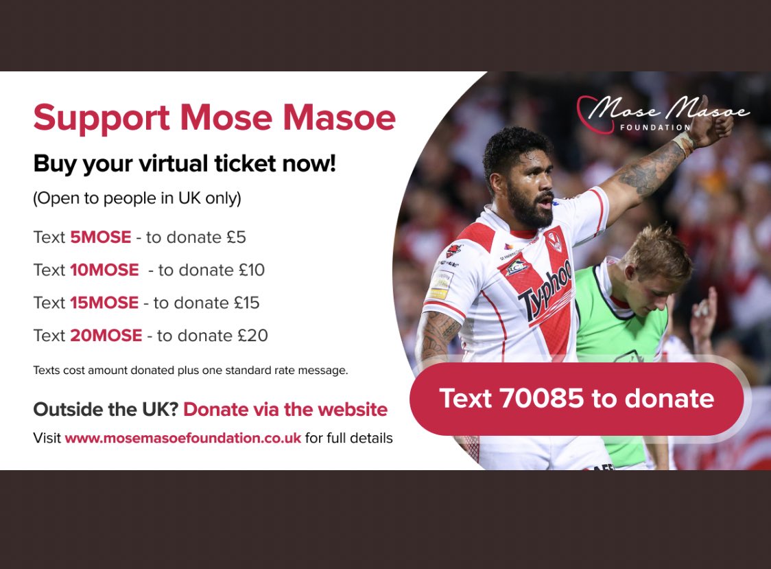 Aquinlan92's tweet photo. The @mosemasoefund is raising money for Mose, his family and future injured players. Donate by buying a 'virtual ticket' today. TEXT 70085 and; 5MOSE, 10MOSE, 15MOSE, or 20MOSE. https://t.co/AVcMZadOpY