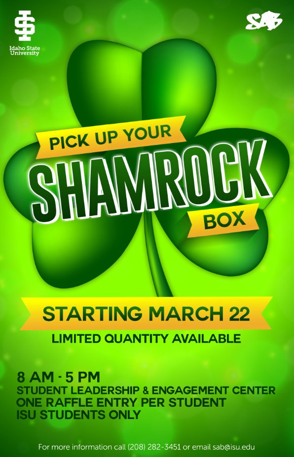 isusab's tweet photo. Hey Bengals! Starting this week we are giving out our Shamrock Boxes. Make sure to stop by the Student Leadership and Engagement Center to get yours!

If you have any questions, give us a call at 208-282-3451 or email us at sab@isu.edu. https://t.co/2vvcRLR6Yx