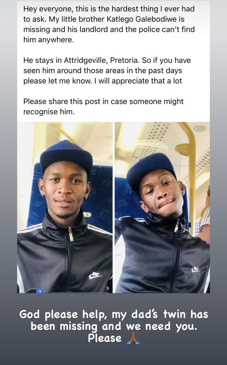 ThandoPeaches's tweet photo. Molweni my loves...

My little brother is still missing, please retweet for awareness. I will appreciate it a lot 🙏🏾🤍

Areas to look around are Pretoria (where he is staying now)  and Tembisa (Our other home). 

Enkosi 🙏🏾 https://t.co/bSZf0mjwR3