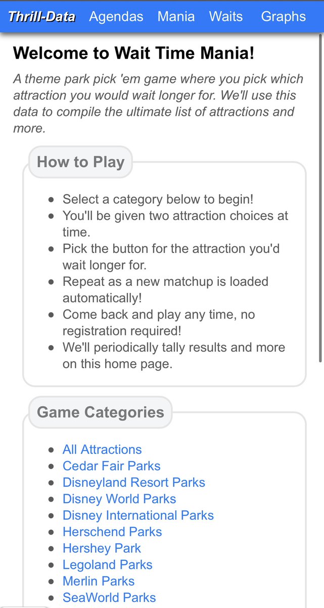 ThrillData's tweet image. Introducing Wait Time Mania! A little pick ‘me game where you get prompted with two random attractions and pick which one you would wait longer for. Repeat as many times as you want. No registration required. 

thrill-data.com/mania/