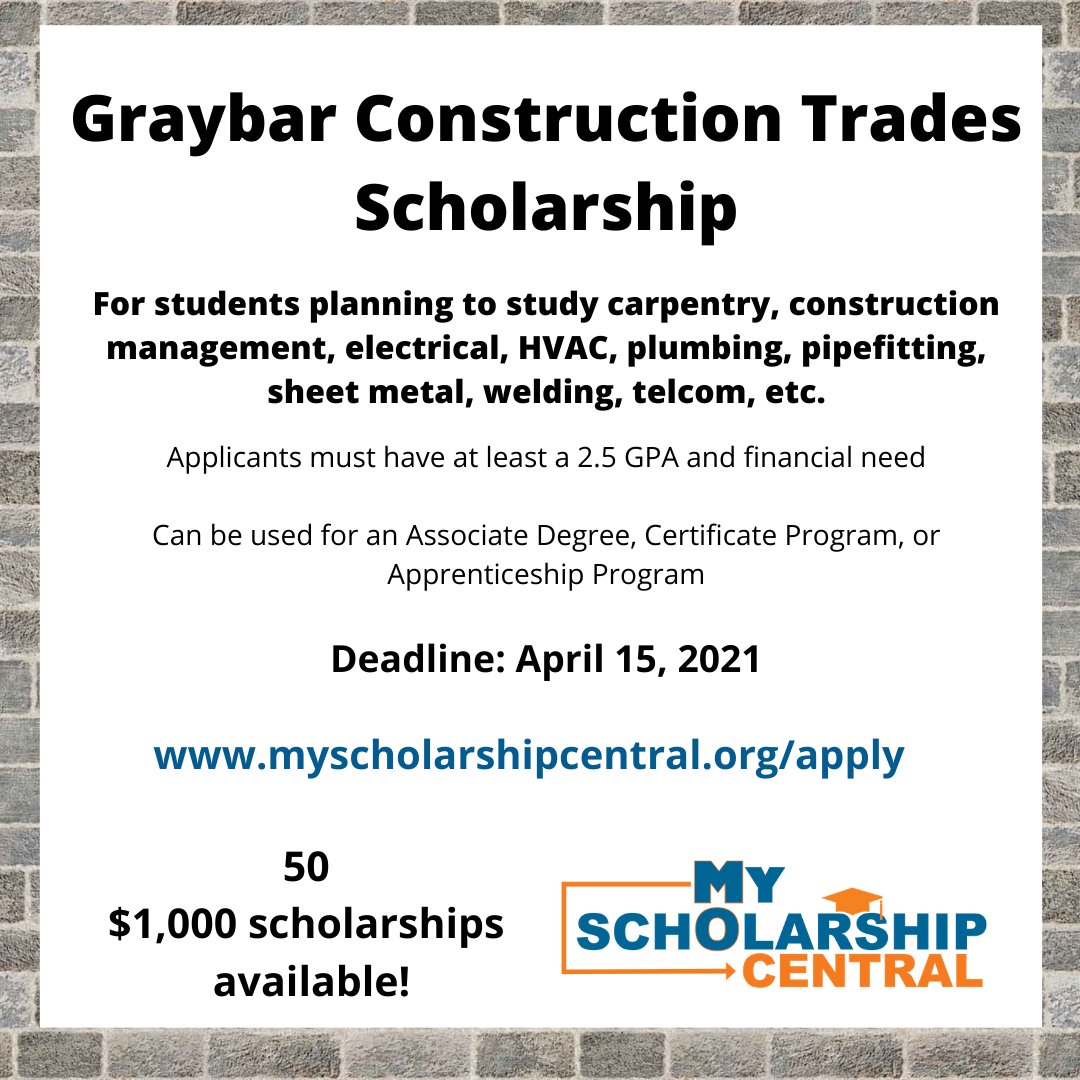 Interested in the construction trades - carpentry, construction management, electrical, HVAC, plumbing, welding, telcome, sheet metal, pipefitting, etc?  Apply for the <a href="/Graybar/">Graybar</a> Construction Trades Scholarship! bit.ly/graybarscholar…