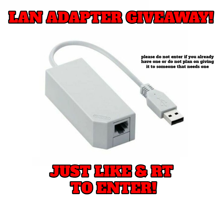 LAN ADAPTER GIVEAWAY

I WILL BE SHIPPING 1 FREE LAN ADAPTER TO ONE LUCKY INDIVIDUAL!

Like &amp; Retweet to enter! 

I will choose someone at random sometime tomorrow.
You can RT without liking to spread awareness!
Please only enter if you need it or you know someone that does!