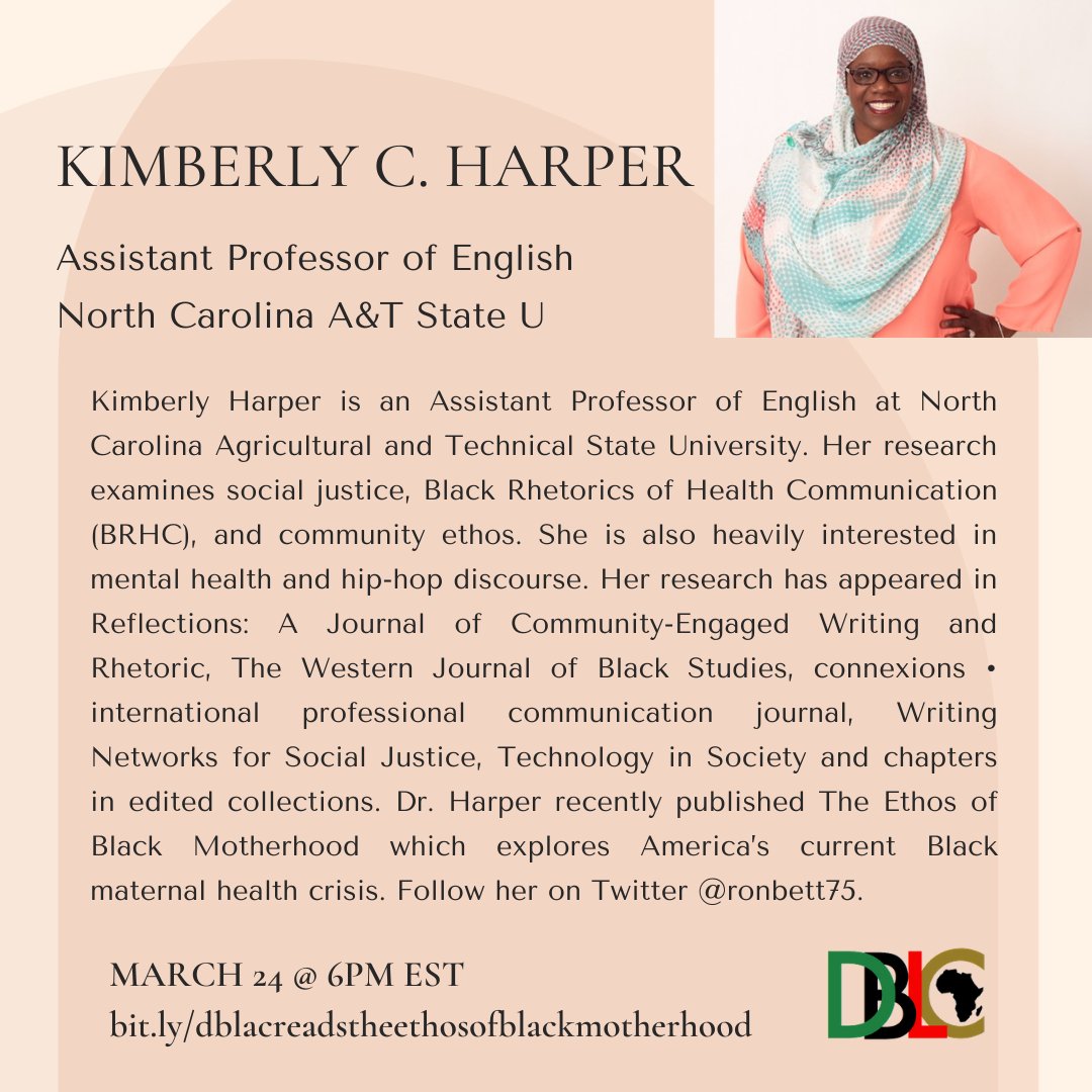 dblacorg's tweet photo. At 6PM EST today, join us as we Twitter-chat about Dr. Kimberly Harper's @ronbett75 The Ethos of Black Motherhood in America! And be sure to register for our Author Chat with Veronica Joyner @Write_not_Wrong on March 24 https://t.co/CRCUqFwgMa Learn more about Dr. Harper below! https://t.co/97oFKYsqRh