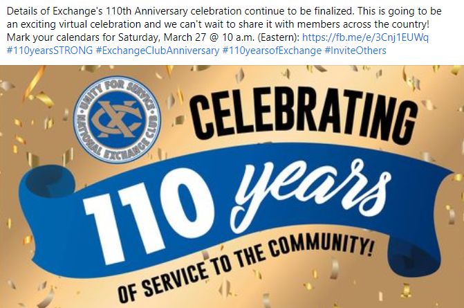 exchangeclub's tweet photo. Consider hosting a watch party for the anniversary celebration! https://t.co/pFPf1v53at Excellent recruitment opportunity. PLUS, if club recruits & member remains active, sponsor eligible 4 exciting Memphis adventure during National Convention! #growexchange #110yearsofexchange https://t.co/Esc4CsYwZu