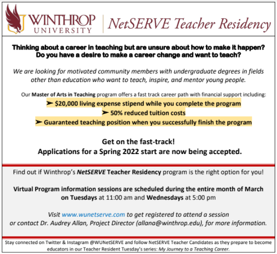 WUNetSERVE's tweet photo. We are looking for people who are pursuing or have already earned degrees in STEM fields who are interested in teaching in South Carolina. 
If this is you, Winthrop’s #NetSERVE Teacher Residency program should be your next stop to continue your education! #BeTheDifference https://t.co/ld8uC1XjyY