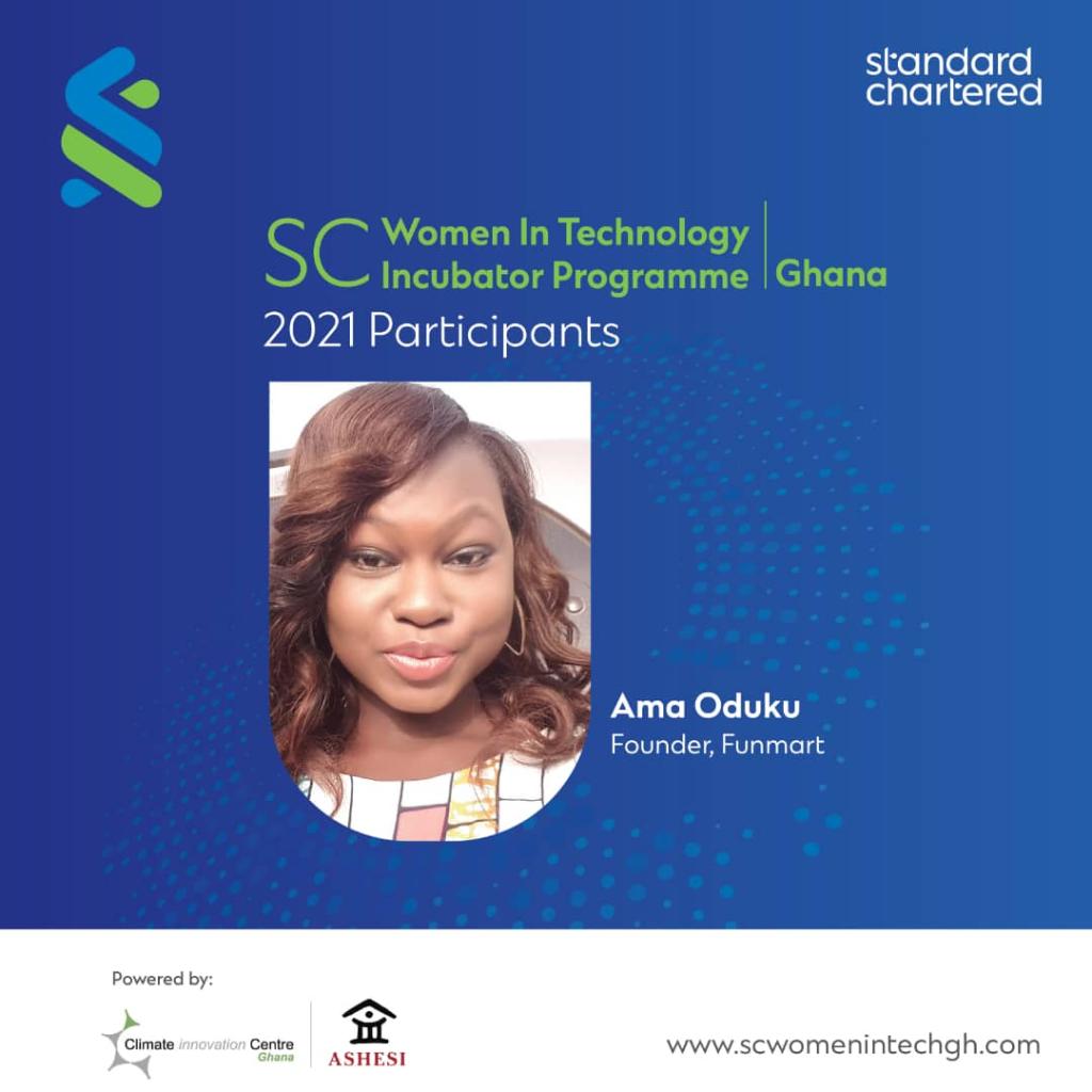 StanChartGH's tweet photo. For us it’s a whole month dedicated to women!
Let’s celebrate the budding stars in our #WomeninTech incubation program!
We present to you Funmart!
#StandardCharteredBank
#WiT
#Funmart https://t.co/V4EiSOG2OY
