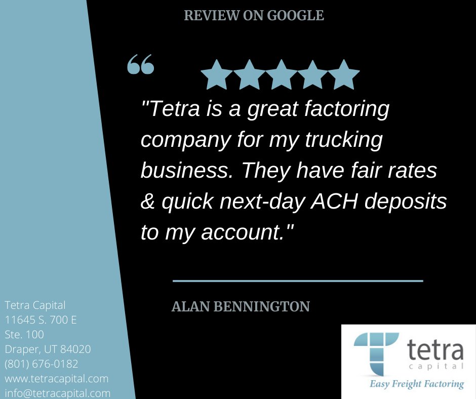 TetraCapital's tweet photo. Thank you Alan for your 5 star review. 

Give us a call at (801) 676-0182 if we can help your trucking company with freight factoring like we have been able to help Alan.
#TruckingFactoring #GetFundsFast #Trucking #OwnerOperators https://t.co/GJmm9F3hmH https://t.co/IEpulIZsOy