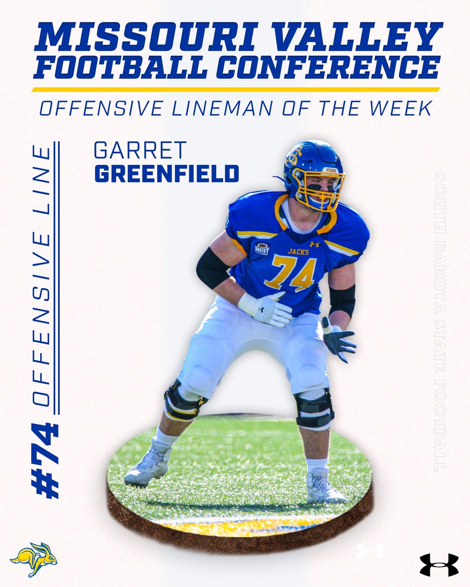 For the second time in three weeks, the Jackrabbit offense rushed for 300+ yards. And for the second time in three weeks, <a href="/greenfield_74/">Garret Greenfield</a> is your MVFC Offensive Lineman of the Week! 

#GoJacks 🐰🏈
