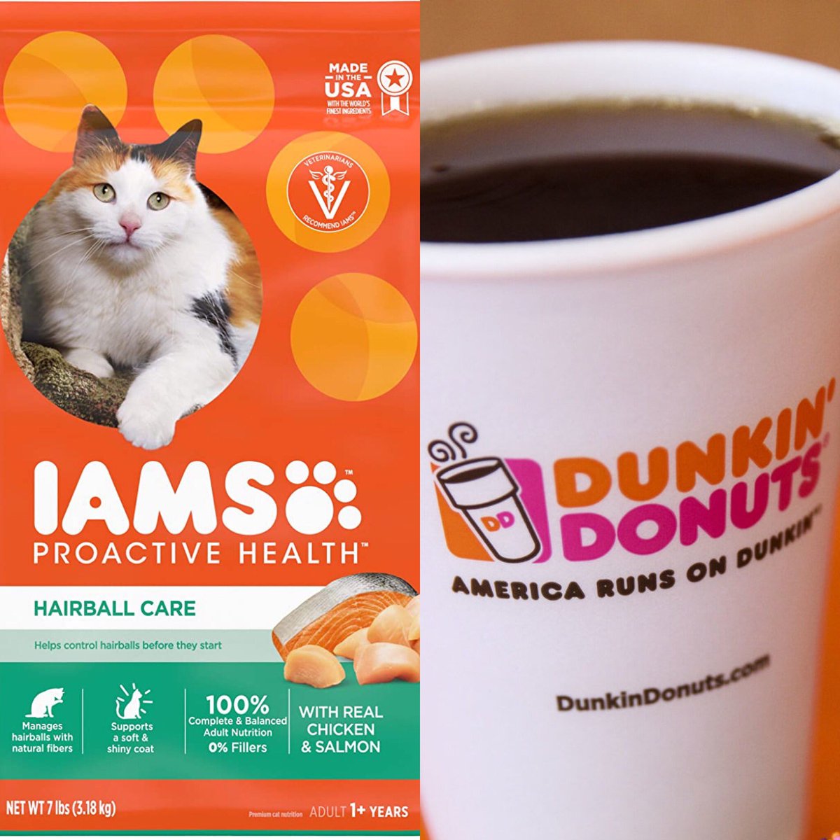 The fonts are disturbingly similar. America runs on hairball care. #iams #dunkindonuts #kittykitty #fonts #americarunsondunkin