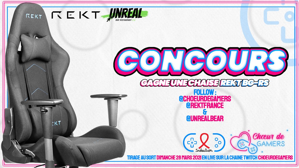 choeurdegamers's tweet photo. #Concours🎁❤️

En partenariat avec REKT &amp; Unreal Bar !
Nous vous offrons avec une chaise.
🎉Pour participer : 
💚Follow @choeurdegamers @REKTFrance @UnrealBar 

➡️RT ce tweet 
➡️Tag un pote 

🔴TAS 28/03 au soir sur https://t.co/PbxXIHJg2i https://t.co/zScv7Gfqj3
