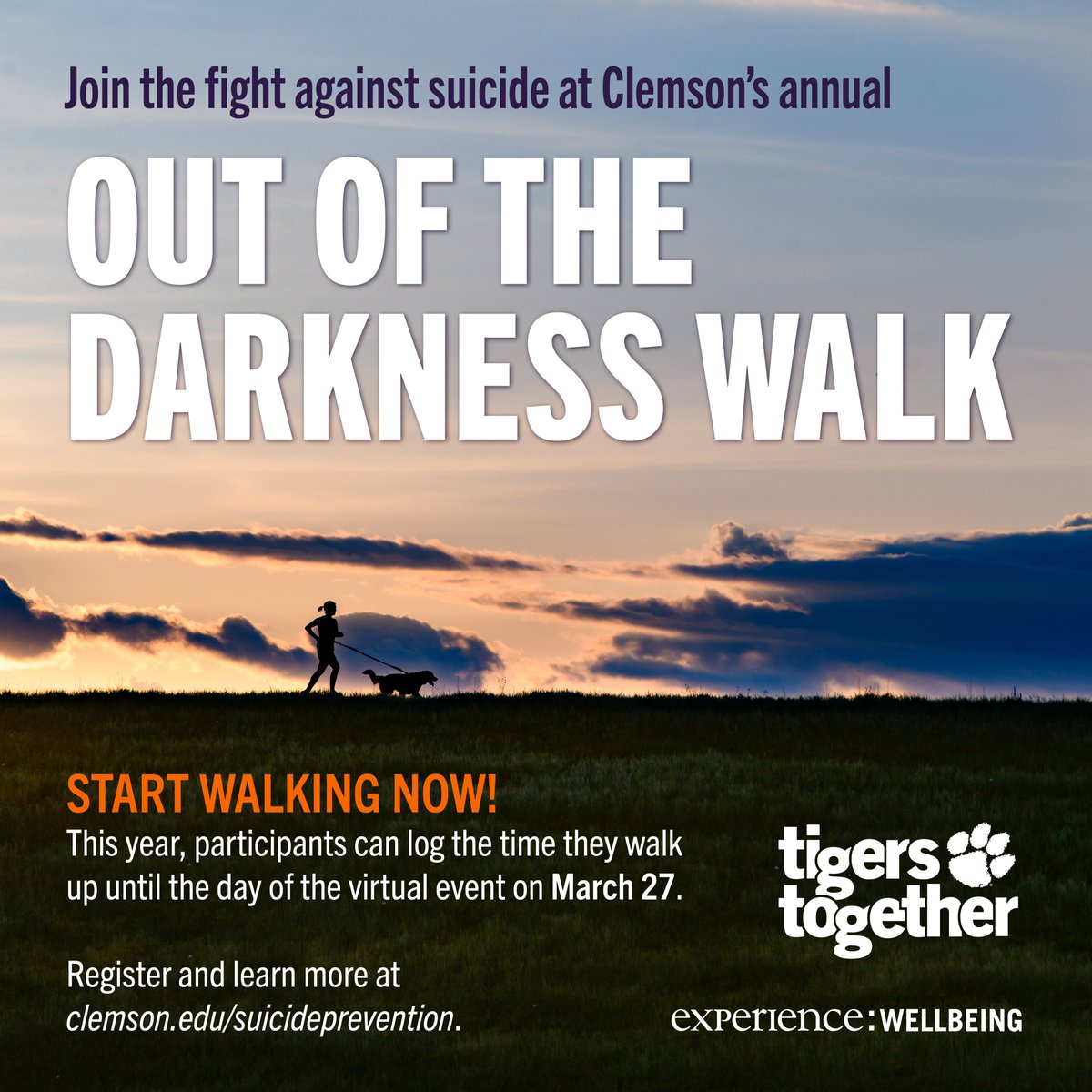 TigersTogether_'s tweet photo. Join us in the Out Of The Darkness Walk to fight for suicide prevention on March 27th! Click the link in our bio to register, donate, and learn more! #CUForSuicidePrevention #CUTigersTogether #HopeWalksHere https://t.co/XtyC8YM86I