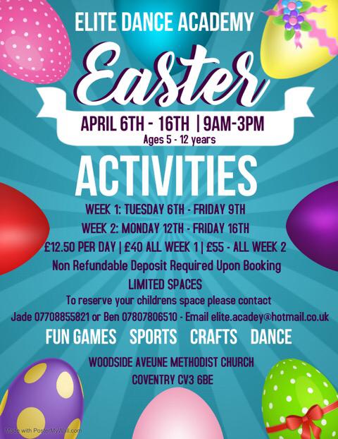 If you're looking for a holiday club during easter then our dance teacher <a href="/Elite_Academy1/">Elite Dance Academy</a> has a few spaces left. Contact details are on the picture.