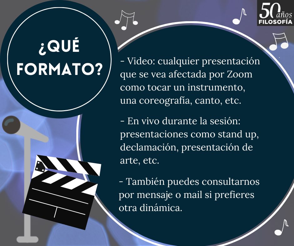 ConsejoFilosUP's tweet photo. Con motivo de los 50 años de la Facultad de Filosofía invitamos a alumnos, alumni y profesores al Show de Talentos de este semestre en línea 🎭🙌🏼 ¡Esperamos que muchos se animen a participar!
Si tienen alguna pregunta, la respondemos por DM o en comentarios. https://t.co/NRlEiBRdHo