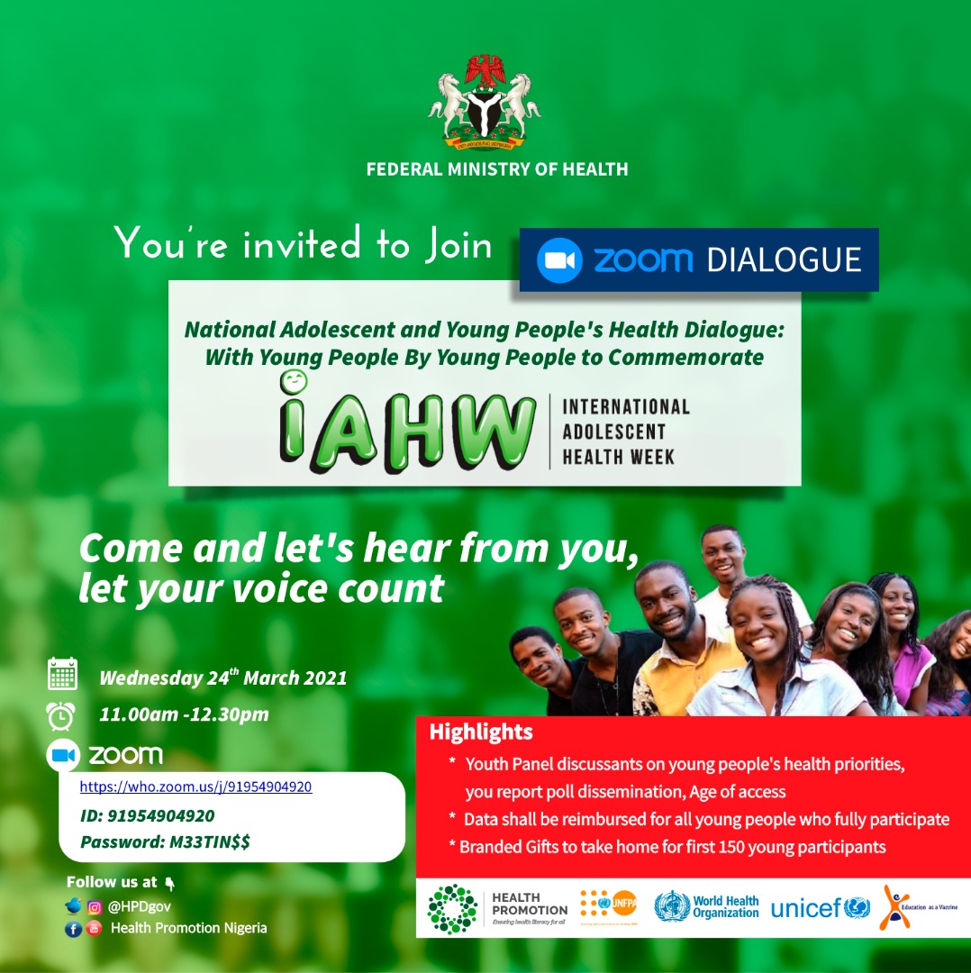 NYNETHA BENUE (@nynetha_benue) on Twitter photo Happy International Adolescent Health Week 2021. We're working towards creating a better future for young people today through 27 March. Be a part of the celebration and help light the future for young people.
#IAHW2021 <a href="/UNICEF_Nigeria/">UNICEF Nigeria</a> <a href="/UreportNigeria/">UreportNigeria</a> <a href="/LaVicckk/">Victoria Isiramen</a> Happy International Adolescent Health Week 2021. We're working towards creating a better future for young people today through 27 March. Be a part of the celebration and help light the future for young people.
#IAHW2021 <a href="/UNICEF_Nigeria/">UNICEF Nigeria</a> <a href="/UreportNigeria/">UreportNigeria</a> <a href="/LaVicckk/">Victoria Isiramen</a>