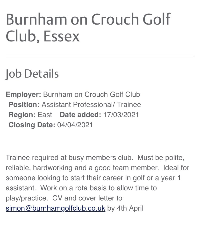 Interested in a career in golf. We are recruiting for an trainee/assistant professional <a href="/PGA_in_Essex/">The PGA in Essex</a> @EssexGolfUnion <a href="/PGA_East/">PGAEast</a>
