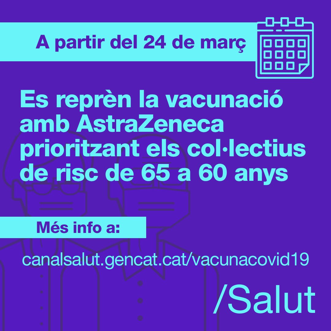 salutcat's tweet photo. 📢 Es reprèn la vacunació amb AstraZeneca prioritzant els col·lectius de risc de 65 a 60 anys.

🔗 https://t.co/vqSlOcf812 https://t.co/T1qhKFH6YZ