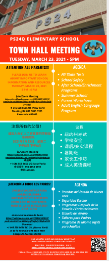 ps24_q's tweet photo. Please join us @ps24_q Town Hall Meeting, Tuesday, March 23 from 5PM-6PM for all parents/guardians. For updates, please go to our school website at https://t.co/aYNWJjmnn8. https://t.co/06UN2y4wDu
