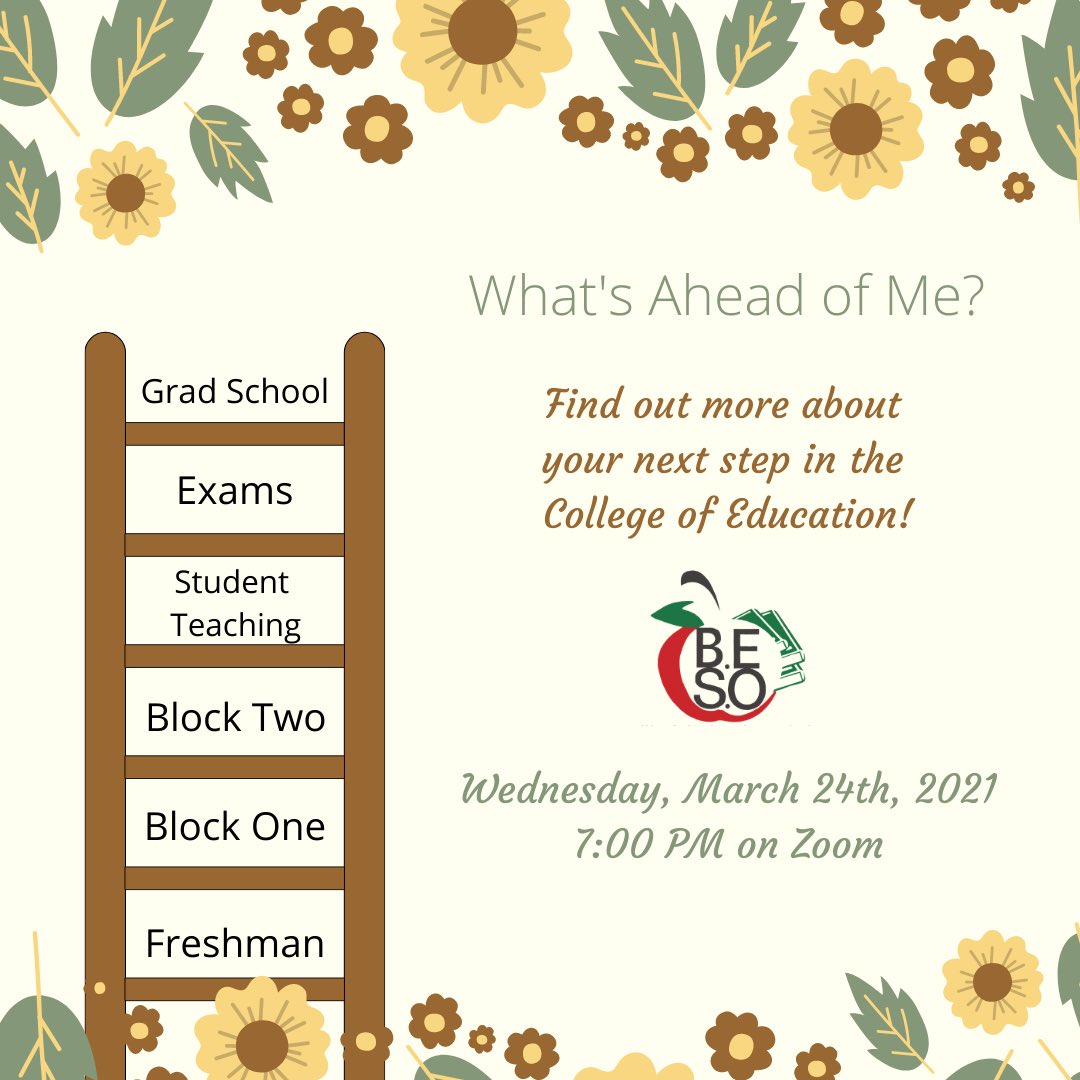 txstbeso's tweet photo. 🌼 Hope you all had an amazing spring break! This week’s meeting will be about moving through the College of Ed. Bring your questions and any advice you have to the Zoom on Wednesday at 7:00 pm! Link in bio. 🌼 https://t.co/ACxe6LGr6A